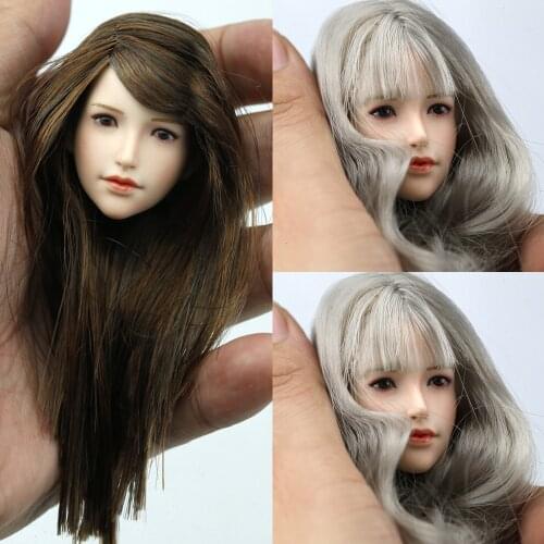 1/6 Asian Female Head Sculpt Black Long Hair Head Carving Fit 12'' PH TBL Soldier Action Figure Body Doll
