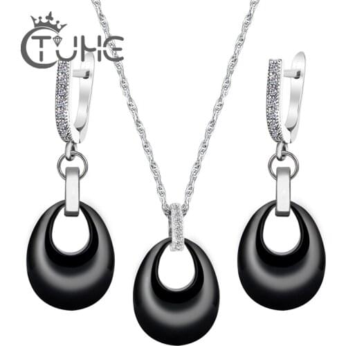 2020 Brand Water Drop Design Pear Cut Top Quality Bright Smooth Surface Black White Ceramic Jewelry Set For Women Christmas Gift