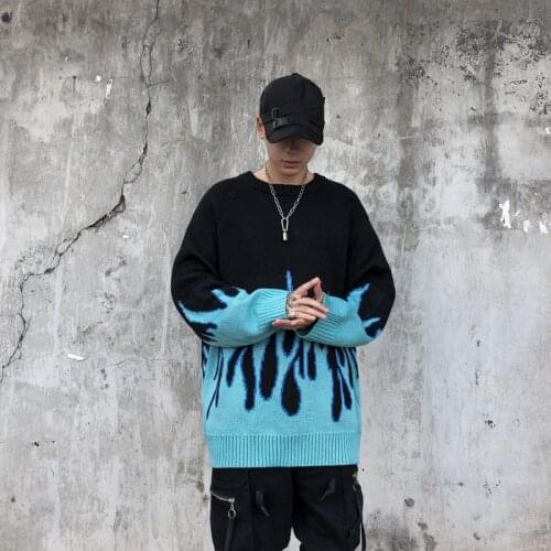 2021 Winter Autumn Streetwear Loose Harajuku Sweater Male Oversize Hip Hop Blue Flame Pullover Casual Mens Sweater