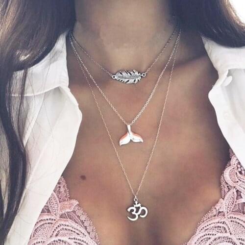 Bohemian Vintage Style Fish Tail Pendant Necklace Exaggerated Multi Layers Shell Starfish Leaf Necklaces Women Jewelry YN149