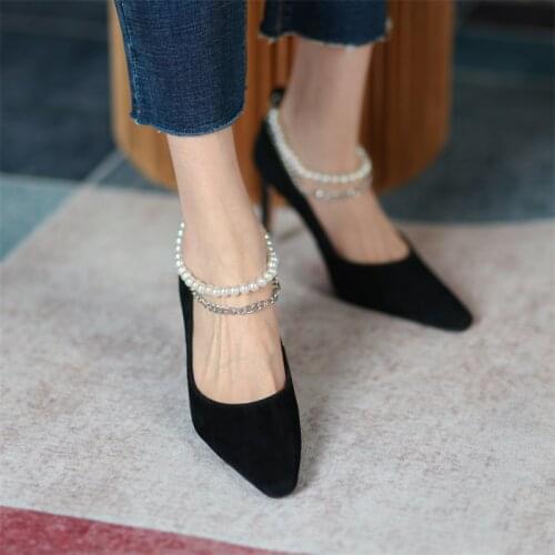 Osunlina Brand Pumps Pointed Toe 7.5cm Thin High Heels Elegant Handmade Shallow Pearl Metal Chin Party Quality Shoes 2021 New