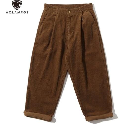 Aolamegs Japanese Cargo Pants Men Corduroy Sweatpants Soild Vintage Loose Wide Leg Trousers Couple Harajuku Streetwear All-match