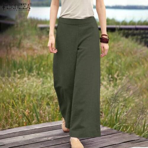 Vintage Solid Wide Leg Pants Women Autumn Trouser ZANZEA 2021 Elastic Waist Long Pantalon Palazzo Female Casual Turnip Plus Size