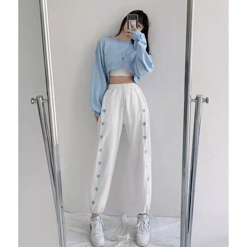 Sweatpants Women Korean Casual Loose Heart Print Streetwear Femme High Waist Harajuku Trousers Wide Leg Sport Jogger Harem Pants