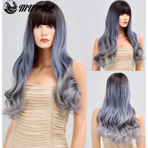 Long Blue Middle Part Ombre Daily Nutural Hair Synthetic Wigs With Bangs For White Women Cosplay Heat Resistant Fiber Female Wig