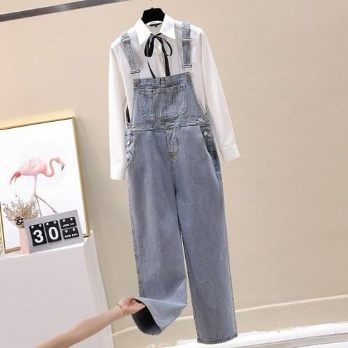 Denim Bib Female Student Spring and Autumn Korean Style High Waist Loose Large Size High Waist Wide Leg Straight Trousers