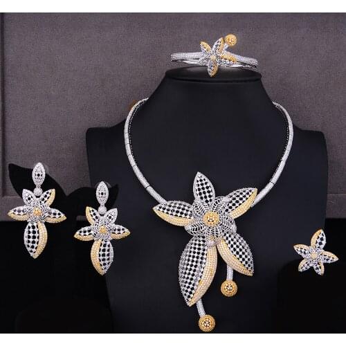GODKI Jimbora Brand Luxury Charm Hollow Big Flower 4PCS Jewelry sets For Women Wedding Cubic Zircon CZ Dubai Bridal Jewelry Set