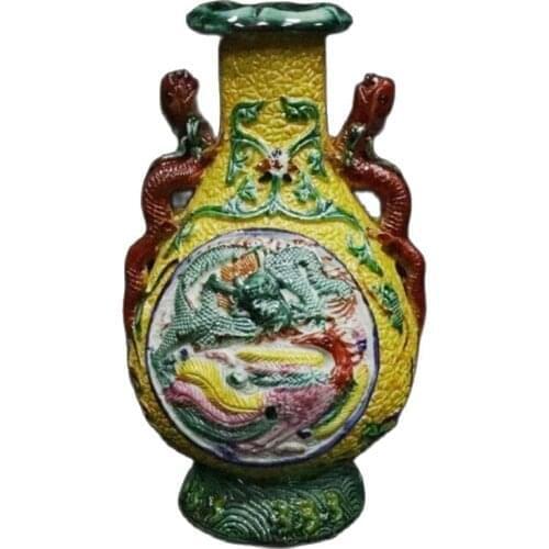 Chinese old porcelain Yellow ground pastel relief dragon and phoenix pattern amphora vase