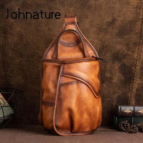Johnature Retro Men Genuine Leather Chest Bag 2021 New Multifunctional First Layer Cowhide Crossbody Bags Leisure Outdoor Bag