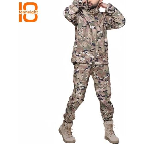 TENNEIGHT Winter Autumn shark skin jackets suits men Waterproof Tactical hunting Suit Camouflage Fleece jacket+ pants suits