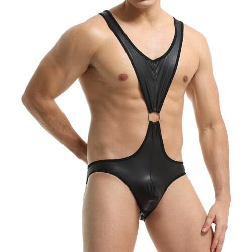 Lingerie Mens Undershirts PU Leather Penis Pouch Jock Strap Bodysuits Singlets Latex Underwear Erotic Open Butt Gay Jumpsuits