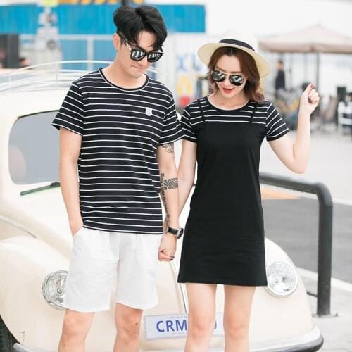 Korean Couple Matching Clothes Striped T-Shirts Black Dress College School Lovers Pair Men Women Summer Vacation Outfit Wear Set