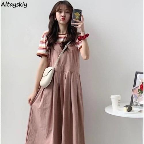 Sleeveless Dress Women Bandage Simple Students Solid Mid-calf Girls Loose Sweet Korean Style Leisure Spring Chic Harajuku Ins
