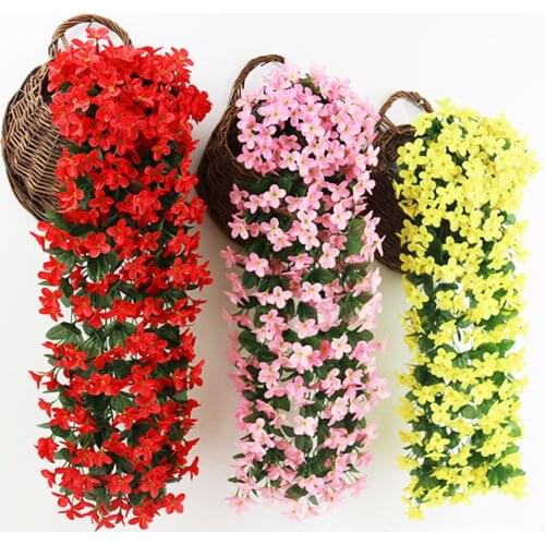 Hanging Wall Artificial Silk Violet orchid Flower Rattan Plant Basket Outdoor Party Decoration Valentines Day Wedding Wall