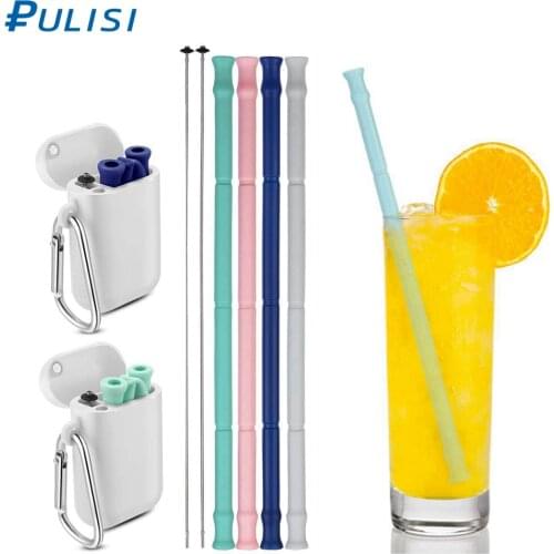 PULISI Collapsible Silicone Straw with Carrying Case and Cleaning Brush BPA Free Reusable Drinking Straw for Home Office Drinks
