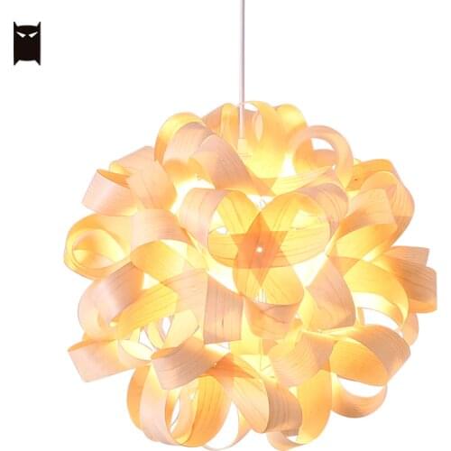 Wood Flower Ball Globe Sphere Pendant Light Fixture Nordic Scandinavian Art Deco Style Hanging Ceiling Lamp Lustre Foyer Design
