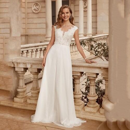 Vintage Lace Wedding Dress Cap Sleeve V Neck Sweep Train Bridal Dresses Backless Chiffon A Line Wedding Gowns