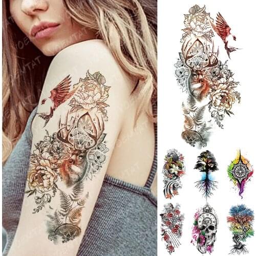 Waterproof Temporary Tattoo Sticker Forest Deer Bird Skull Flower Flash Tattoos Color Family Tree Body Art Arm Fake Tatoo Women
