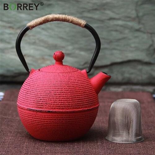 BORREY 680Ml Cast Iron Teapot With Removable Infuser Japanese Handmade Tetsubin Gas Stove Water Kettle Puer Oolong Red Teapot