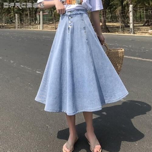 High Waist Single-Breasted Women Long Skirts Denim 2021 Summer Streetwear Boyfriend Retro A-Line Jeans Skirt Female Light Blue