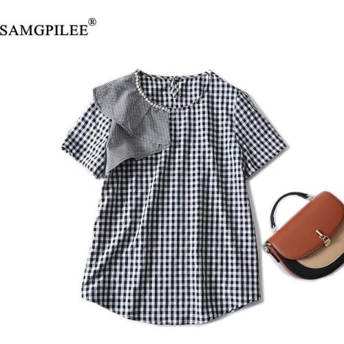 T Shirt Oversized 2021 New Korean Style Beaded Diamond Lotus Leaf Collar O Neck Short-sleeved Black White Plaid Women T-shirts