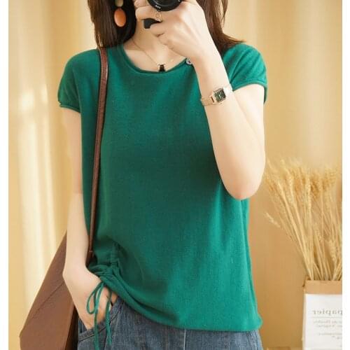 Summer new O-neck cotton and linen knitted short-sleeved womens cotton loose shirt half-sleeved casual bottoming shirt