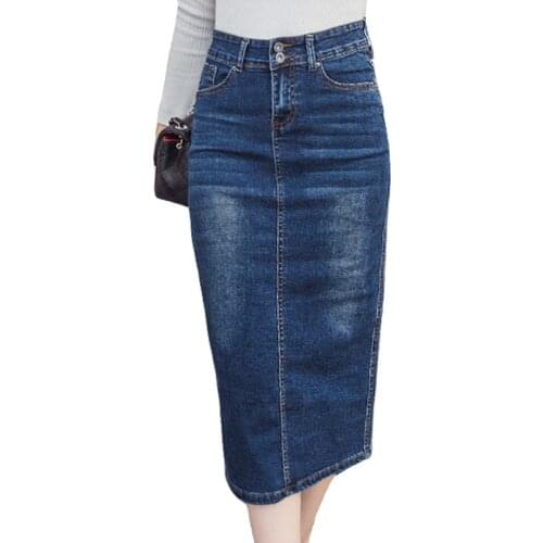 2018 long Denim Skirt Vintage Button High Waist Pencil Black Blue Slim Women Skirts Plus Size Ladies Office Sexy Jeans Faldas