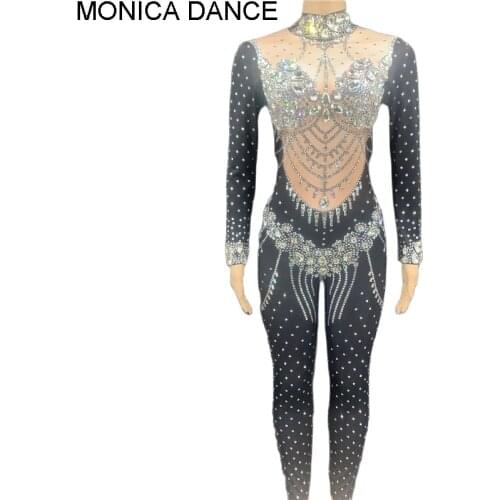 Women Sexy Stage Sparkly Crystals Jumpsuit Stretch Stones Outfit Celebrate Rhinestones Costume Female Singer Birthday Bodysuit