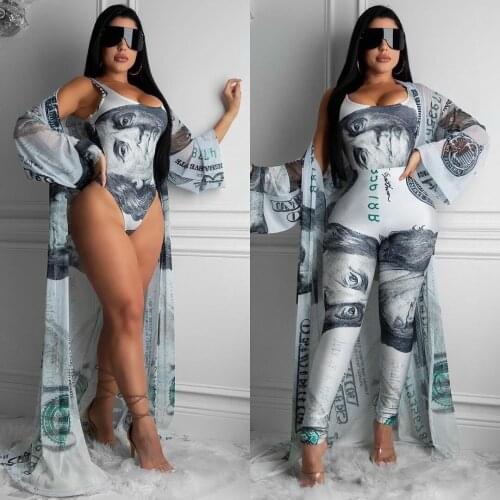 3 PCS/set Dollars Printed Women Suit Long Sleeve Cover Up + Sexy Bodycon Bikini Set + Long Skinny Pants Summer Suit 2020