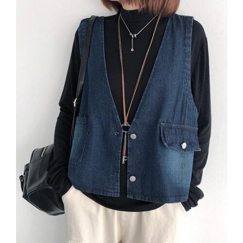 Women Vintage Fashion Sleeveless Denim Vest Office Lady Casual Loose Korean Wild Multi Pockets Waistcoat Female Chic Tops e160