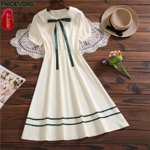 Women Casual Lady Chic Cute Korean Style Vintage Floral Printed Japanese Style Party Date Bow Midi Summer Pink Dress Vestido