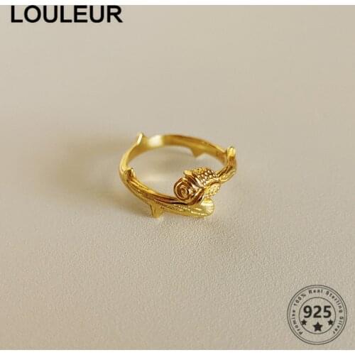 LouLeur Retro 925 Sterling Silver Ring Golden Rose Flower Rings For Fashion Simple Women Adjustable Ring Silver 925 Jewelry