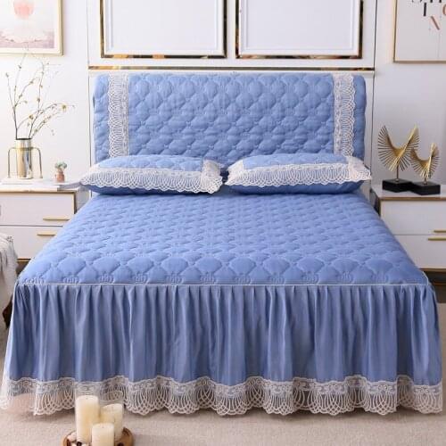 2020 new products Washed silk quilting Bed spread Fitted Sheet Pillowcases 2/3 pcs Pure color Embroidered lace Princess bedding
