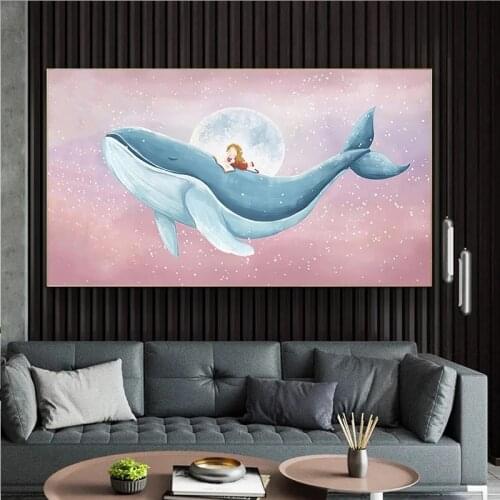 Anime Blue Whale and Kid Canvas Painting Modern Cartoon Seascape Posters and Prints Home Decor Cuadros Wall Picture for Kid Room