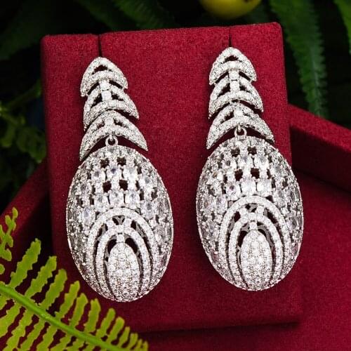 High Quality Luxury Gorgeous Long Drop Pendant Earrings Necklace Jewelry Set Super CZ for Women Ladies Girl Best Super Gift