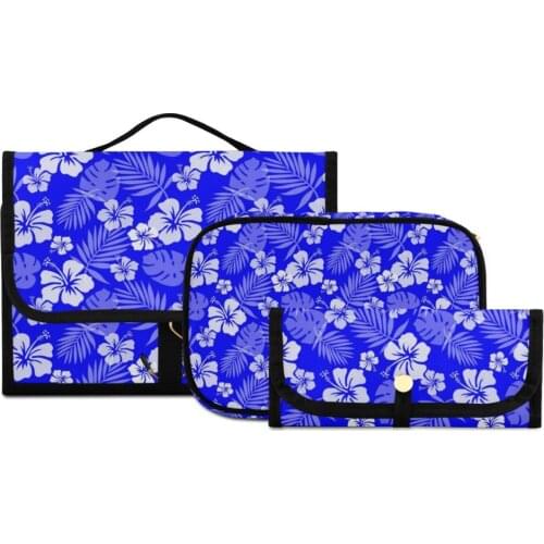 Women Makeup Cosmetic Bag PU Waterproof Purple Flower Print Handle Suitcase Bathroom Lipstick Eyelash Brush Zipper Container Set