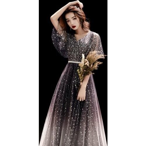 Lace Evening Dresses Elegant Gradient Sequins O-neck A-line Floor-Length Formal Evening Gown Plus Size 4XL Formal Dress Qipao
