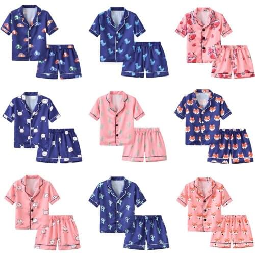 Summer Kids Pajamas Clothes Children Boys Girls Short Sleeve Set Ice Silk Satin Nightwear Home Wear Clothes Toddler Tracksuit
