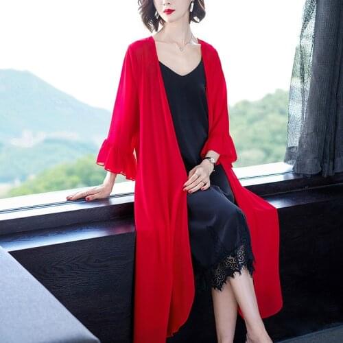 Summer Chiffon Blouse black white Cardigan Sun Protection clothing Long Blouse female Fashion Tops Feminino plus size M-7XL 8XL