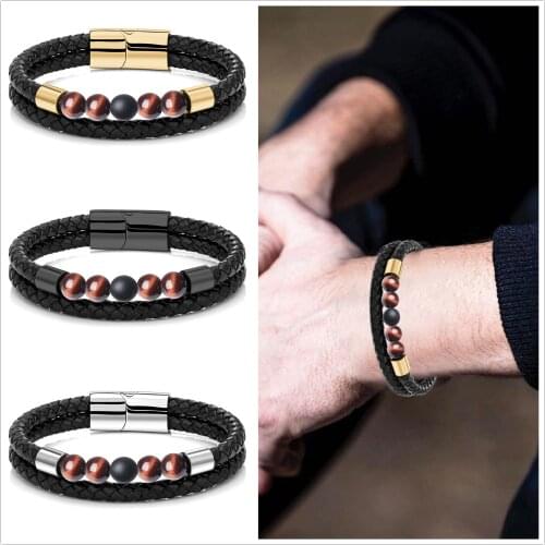 Natural Red Tiger Eye Stone Beaded Leather Bracelet Men Casual Jewelry Stainless Steel Magnetic Clasp Bangle Male 2020 New Gift