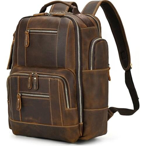 Retro Crazy Horse Leather Mens Large-capacity Laptop Schoolbag Teenagers Daily Outdoor Travel Natural genuine Leather Backpack
