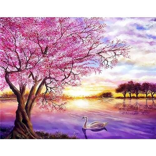 5D DIY Poured Glue Diamond Painting Kits Cherry Blossom Landscape Full Round With AB Drill Handcraft Art Gift Scenery Home Decor