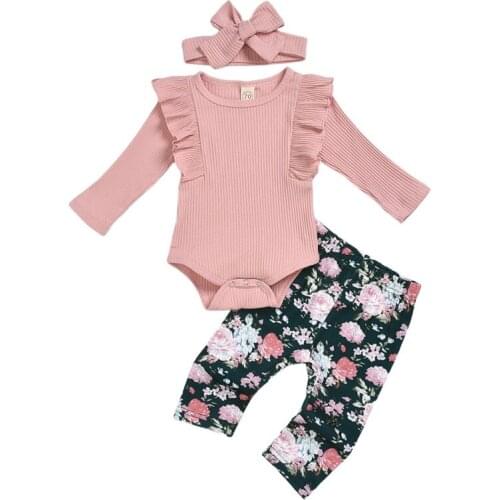 Autumn Newborn Baby Girl Clothes Set Solid Long Sleeve Ruffle Romper Tops Flower Short Pants Headband 3Pcs
