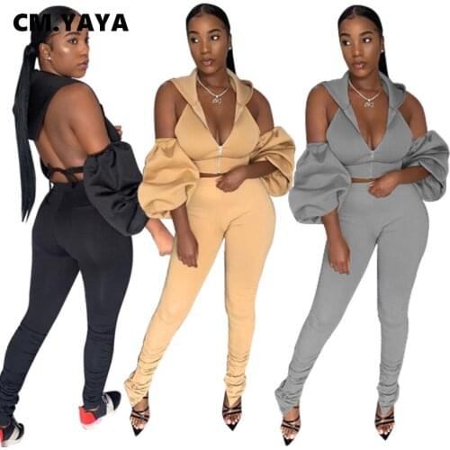 CM.YAYA Autumn Active Women Set Open Back Puff Sleeve Zipper Hoodies Stacked Slit Pants Set Tracksuit Two Piece Outfit Sweatsuit
