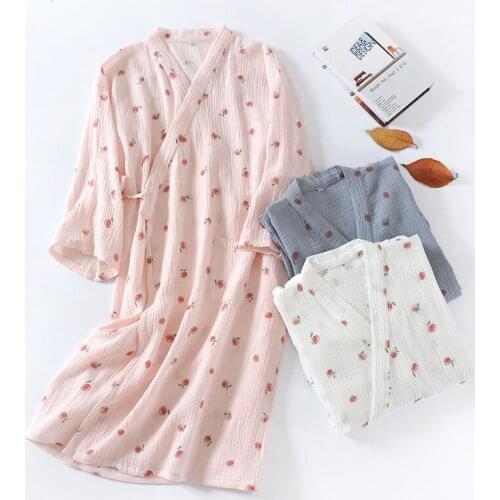 Japanese Style Gauze Cotton Sleepwear for Women Robe Spring Autumn New Home Wear Kimono Gown Pink Print Breathable