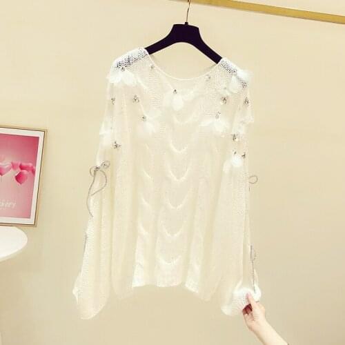 Rhinestone Three-Dimensional Petals Bow Round Neck Long Sleeve Thin Loose Sweater for Women 2021 Spring Ladies White Jumper