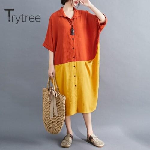 Trytree 2020 Summer Women Casual Dress Turn-down Collar Single Breasted Patchwork Pockets Loose Office Lady Mid-Calf Dress