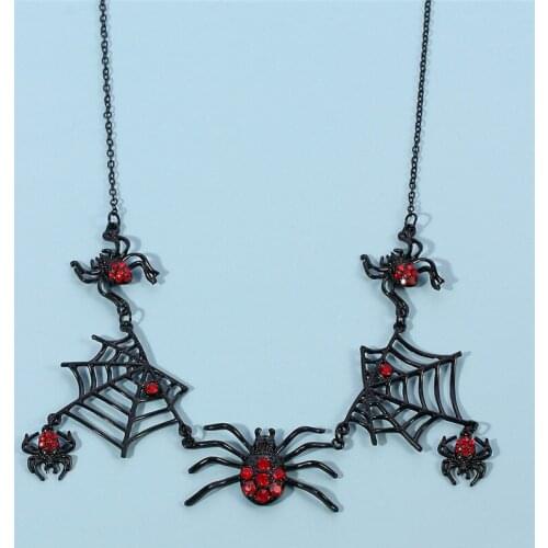 Punk gothic halloween jewellery black spider necklace red crystal Spider Web Festival jewelry for women Sweater necklace