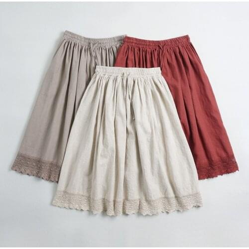 2020 Spring Autumn New Japan Style Solid Color Cotton Linen Skirt Mori Girl Lace A-line Midi Skirt Women