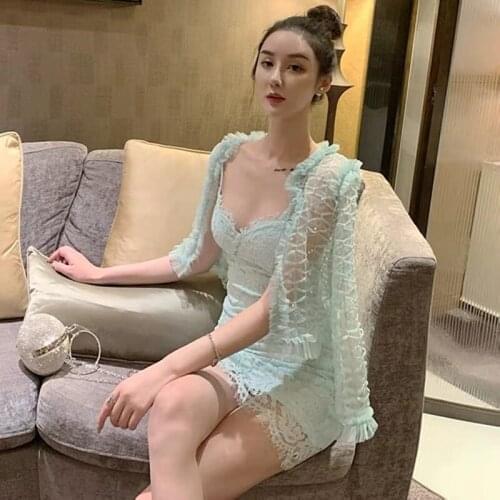 Temperament Ladies Suit Two-piece Strapless Sleeveless Mini Lace Dress Womens Net Yarn Beaded Cardigan High-end Suit Elegant
